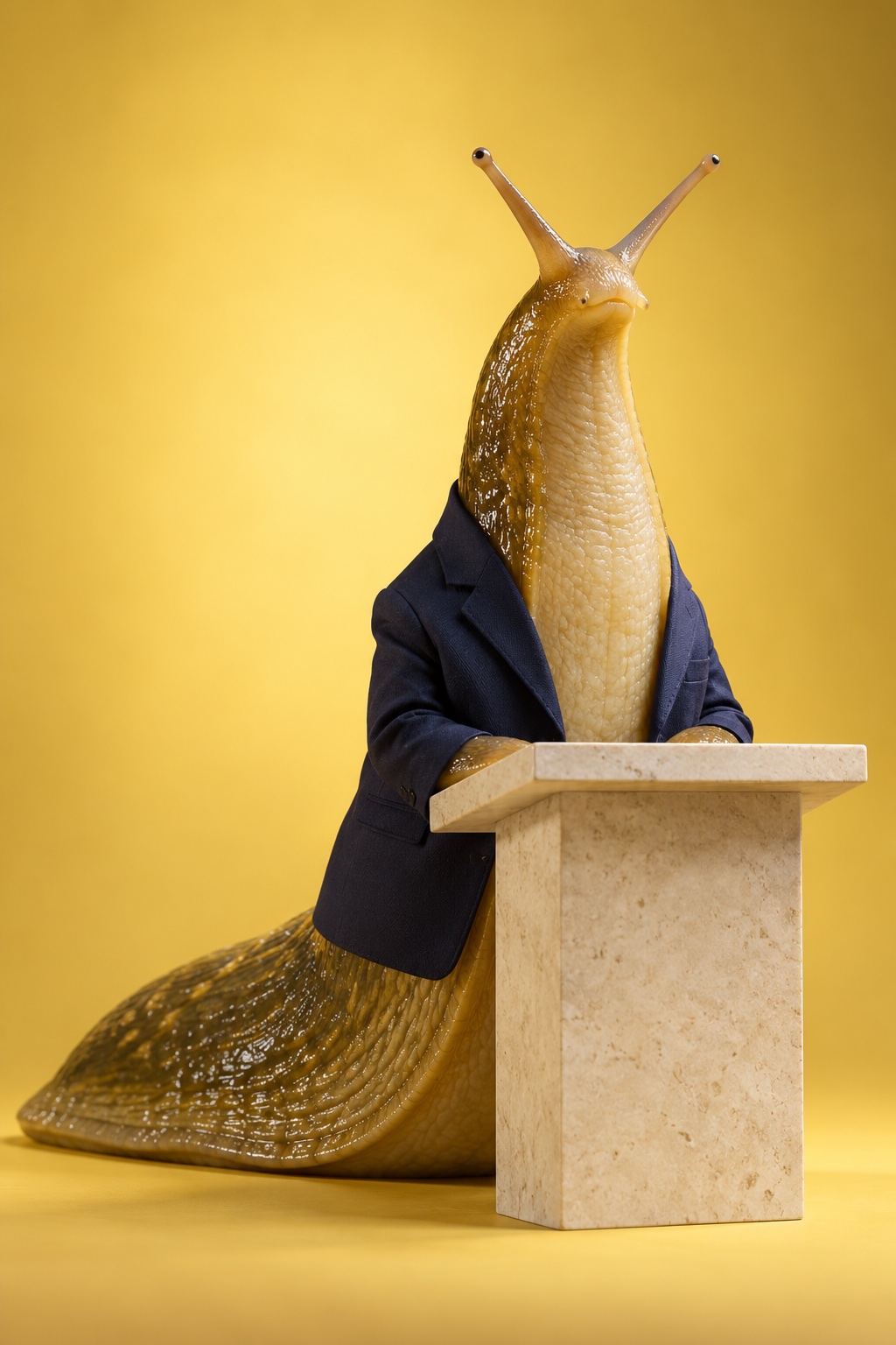Professor S. Lugg, a slug in a navy blazer behind a lectern
